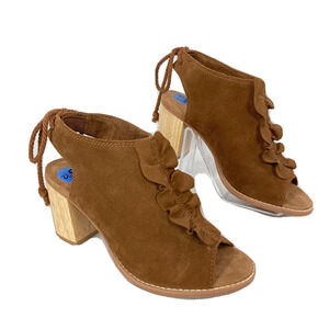 Toms Sandals Womens Sz 6.5 Brown‎ Leather Elba Ruffle Peep Toe Block Heel NEW